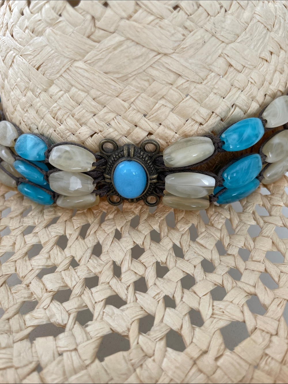 MILANI Straw Western Hat with Turquoise & Cream Bead Band - Picture 2 of 16